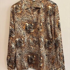 80s Boho Black Vintage Silk Leopard Cheetah Print Whimsical  Blouse Medium Large